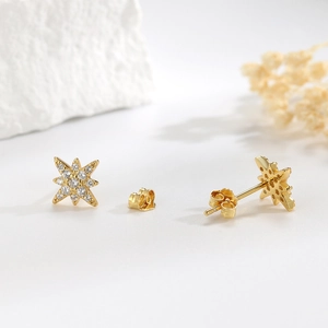 Detailed view of S925 silver gold-plated eight-point star earrings with zircon inlay