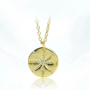 Golden S925 sterling silver compass coin necklace with star-shaped cubic zirconia