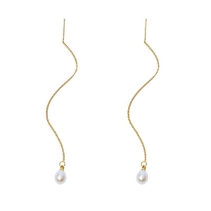 Elegant gold S925 silver thread earrings with natural freshwater pearls and wavy long chains