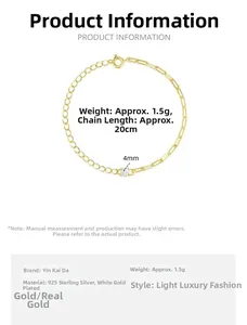 Technical specs of 925 silver gold bracelet with zircon stone and chain length details