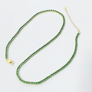 S925 sterling silver gold tennis necklace featuring 2mm round emerald green zircons