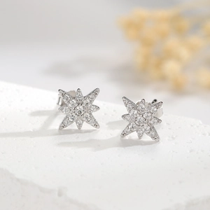 Macro shot of S925 sterling silver starburst earrings set with sparkling zircons