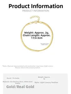 Detailed view of gold plated 925 sterling silver snake chain bracelet with size specs