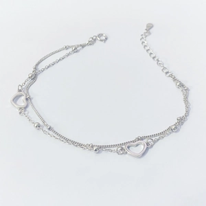 Minimalist double-layered S925 sterling silver heart bracelet with delicate beads