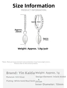 Detailed size specifications of 925 silver pearl drop earrings with AAAAA cubic zirconia
