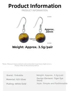 Detailed size specifications of S925 silver tiger eye bead drop earrings with measurements