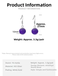 Detailed specs showing 10mm amethyst beads and 27mm 925 silver ear hooks with measurements