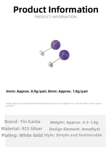 Detailed size comparison of 6mm and 8mm round amethyst stud earrings with S925 silver posts
