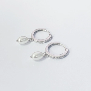 S925 sterling silver hoop earrings with zircon pavé and hanging white pearls
