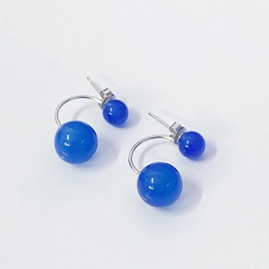 S925 Sterling Silver Double Blue Agate Round Bead Stud Earrings For Women Vintage Court Style Jewelry Elegant Ear Accessories