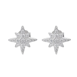 Orecchini a lobo a stella in argento S925 con zirconi scintillanti su sfondo bianco