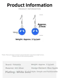 Detailed view of S925 silver blue agate earrings with 10mm bead size and dimensions