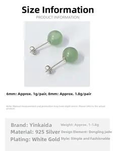 Detailed size chart for S925 silver aventurine earrings in 6mm and 8mm diameter