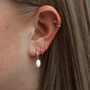 Elegant 925 sterling silver ear set with pearl drop, zircon butterfly stud and hoop earrings