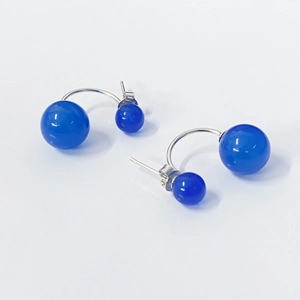 S925 sterling silver blue agate double bead stud earrings with polished mirror finish