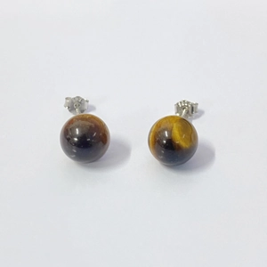 Retro S925 silver stud earrings featuring polished natural round tiger eye stone beads