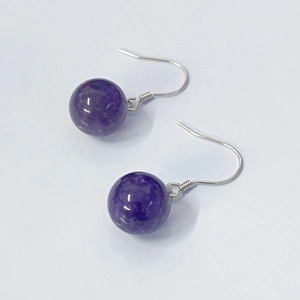 S925 sterling silver ear hooks featuring natural round purple amethyst bead pendants