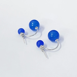 Elegant S925 sterling silver stud earrings with vibrant royal blue double round beads