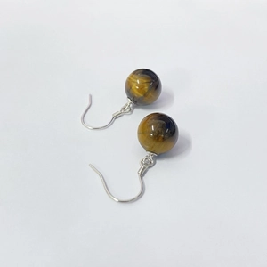 Vintage S925 sterling silver hook earrings with natural round tiger eye stone beads