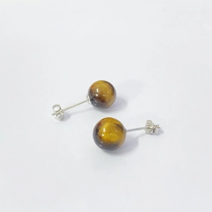 Natural Tiger Eye S925 silver stud earrings with round stones and cat-eye effect