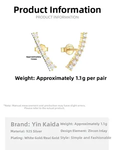 Detail of 925 sterling silver curved zircon stud earrings with precise dimensions and weight