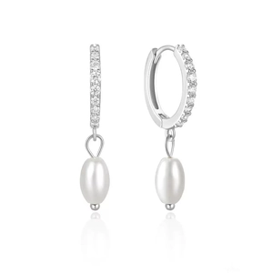 Elegant 925 Sterling Silver Freshwater Pearl Hoop Earrings For Women Inlaid Zirconia Premium Fashion Ear Jewelry For Wedding Gift