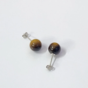 Natural Tiger Eye S925 silver stud earrings with polished brown gemstone beads