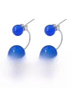 Detail of S925 sterling silver S-shaped earrings with two blue agate round beads