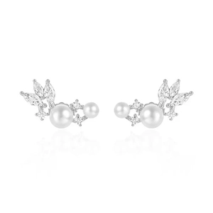 French vintage S925 silver pearl feather earrings with sparkling zircon wing design