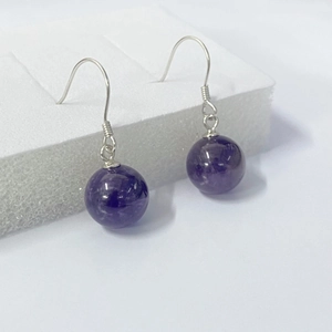 925 Sterling Silver Natural Amethyst Round Bead Hook Earrings Vintage Elegant Purple Gemstone Dangle Earrings For Women Fashion Jewelry