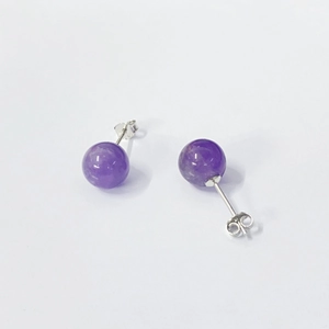 Minimalist S925 silver stud earrings with natural purple amethyst round beads