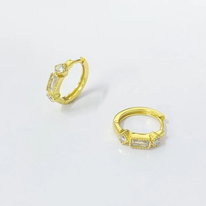 Elegant gold S925 silver huggie earrings with rectangle zircon and wavy edge design