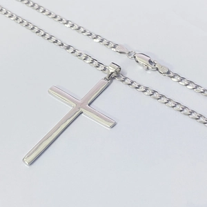 Polished S925 sterling silver cross pendant necklace with classic link chain for unisex