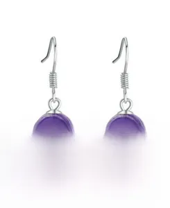 Close-up of S925 sterling silver hooks with natural purple amethyst round bead drops