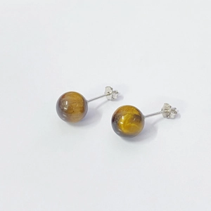 925 Sterling Silver Tiger Eye Stone Stud Earrings For Women Vintage Round Bead Minimalist Fashion Jewelry Ear Piercing