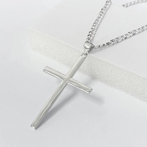 Polished S925 sterling silver cross pendant necklace with a sleek minimalist link chain