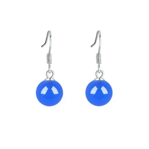 S925 sterling silver drop earrings with glossy blue agate round beads on white background