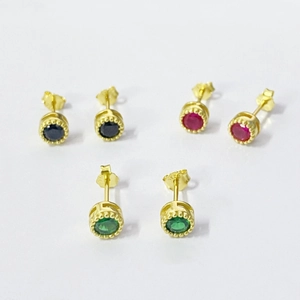 Three pairs of S925 silver stud earrings with colorful zircons in gold vintage settings