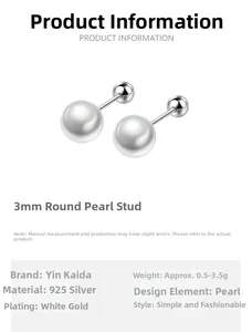 Macro shot of S925 sterling silver pearl stud earring with screw back and dimensions