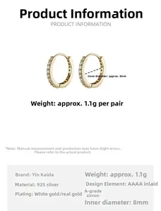 Detail view of 925 sterling silver gold plated hoop earrings with 8mm inner diameter and AAA zircon