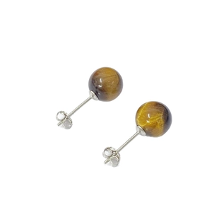 Minimalist S925 silver stud earrings featuring natural tiger eye round gemstone beads