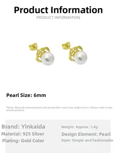Detail view of S925 sterling silver pearl stud earrings with gold plating and 6mm pearls