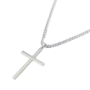 Minimalist S925 sterling silver cross pendant necklace with polished finish on white background