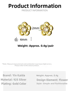 Détails des dimensions des boucles d'oreilles fleurs en argent 925 plaqué or et zircon