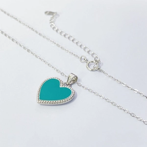 S925 Sterling silver necklace with a beaded blue enamel heart pendant on a thin chain