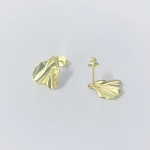 Detail view of S925 sterling silver gold earrings with irregular wrinkled leaf design