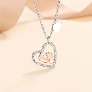 S925 Sterling Silver Heart Baby Footprint Pendant Necklace Zirconia Inlaid Double Color Love Footsteps Clavicle Chain Women Jewelry