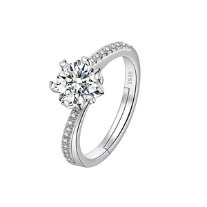 Elegant S925 sterling silver snowflake ring with six-prong setting and adjustable band