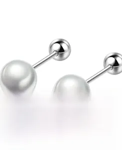 Detailed close-up of 925 sterling silver screw-back stud earrings with polished pearl beads