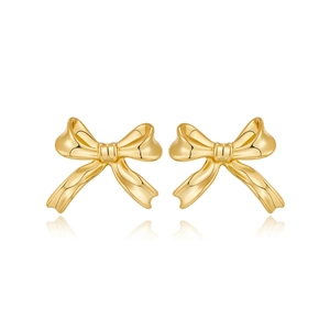 Elegant gold bow earrings in S925 sterling silver with a polished mirror finish on white background